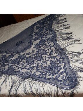 Vtg Blue White Floral Boho Shawl Fringed Dressy Wrap Scarf Made In Japan
